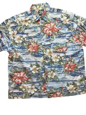 Rue21 Blue Floral Hawaiian Button-Down Shirt with Red &Cream 100% cotton